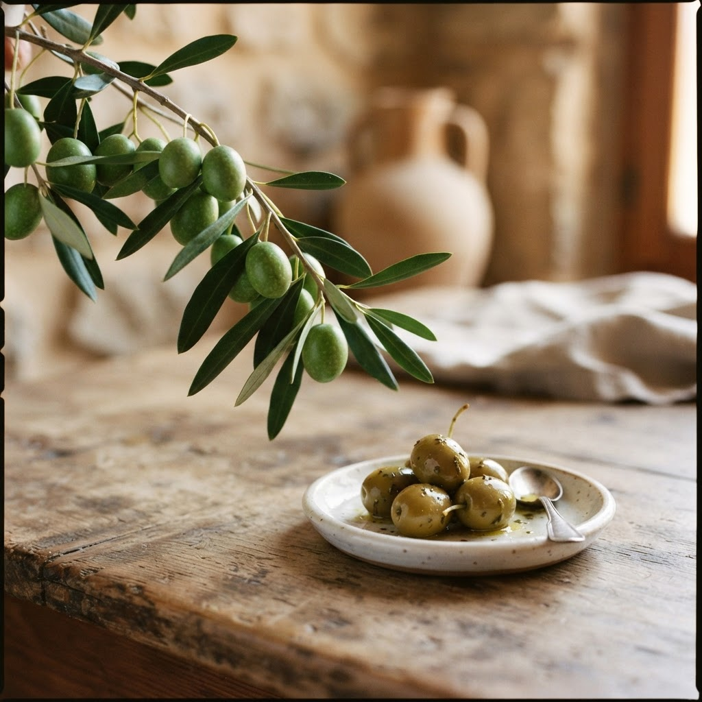 Fresh green olives on a branch with leaves