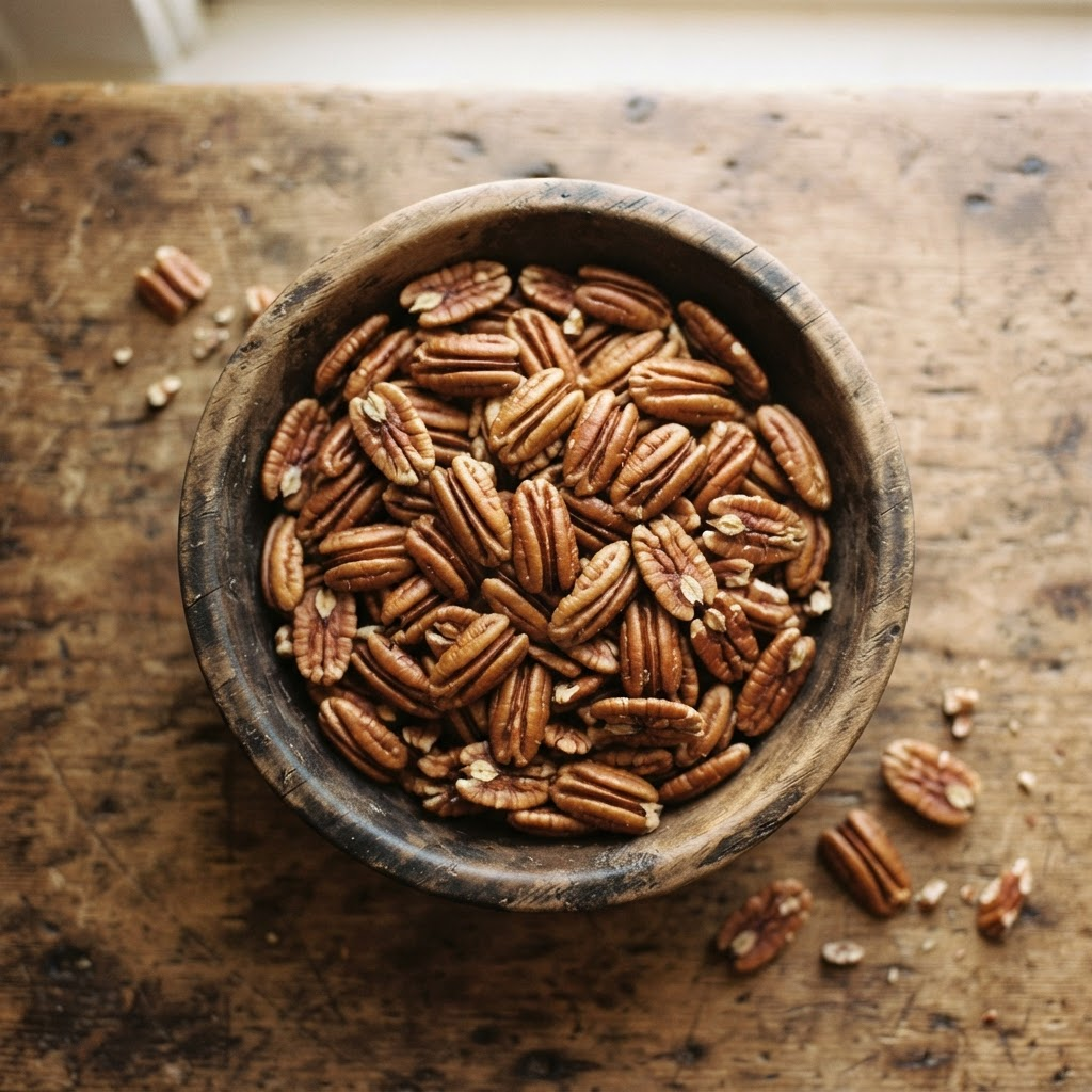 A rustic wooden bowl filled with fresh shelled pecans
