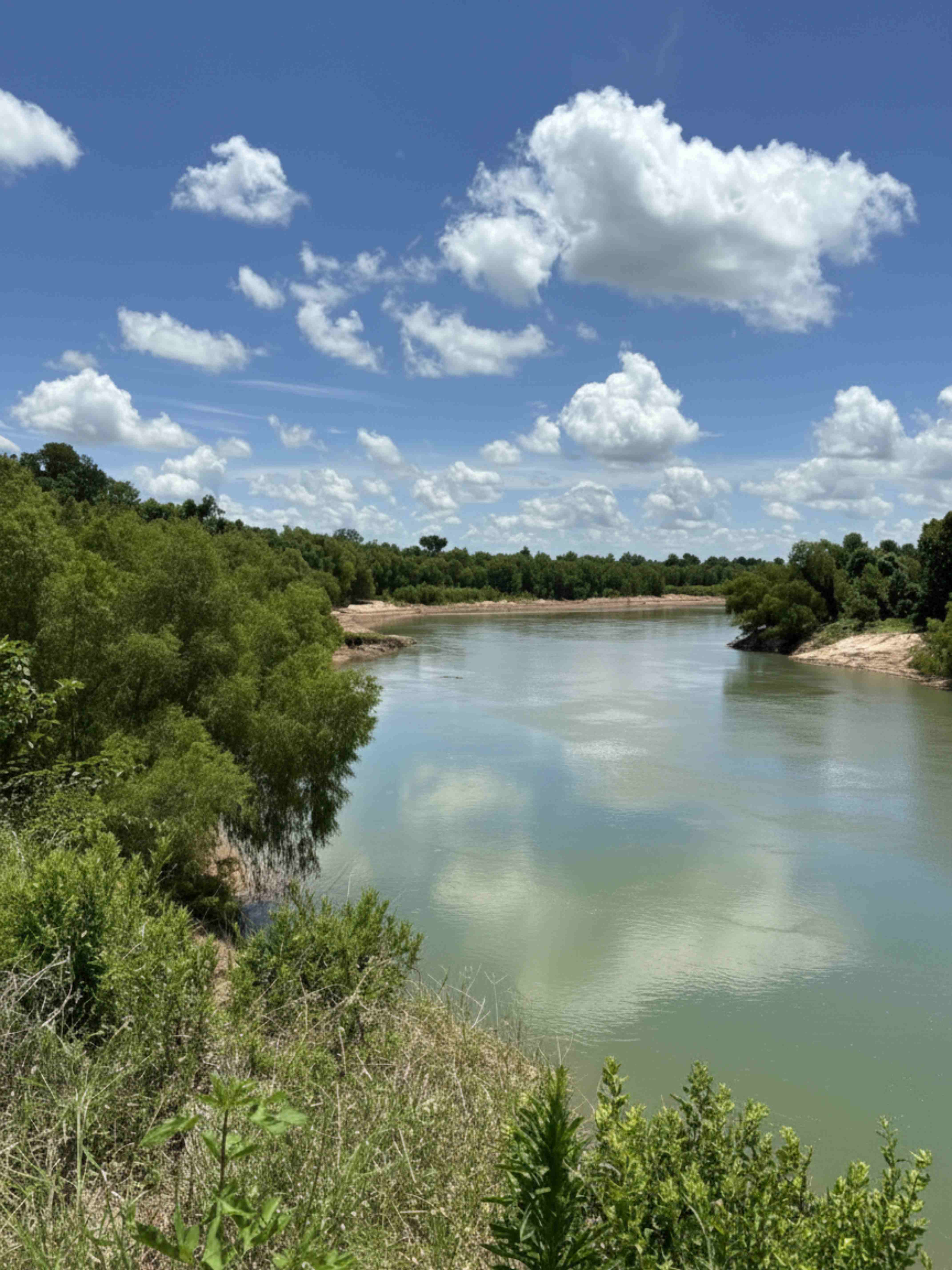 A calm bend of the Brazos River lined with green trees under a blue Texas sky