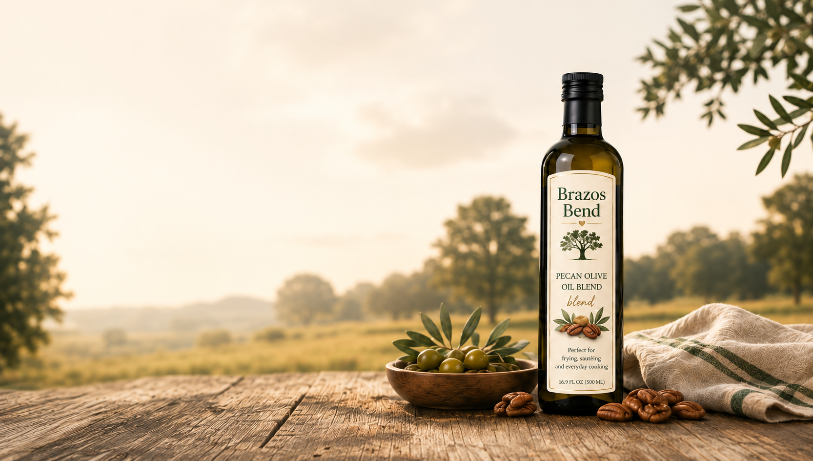 A bottle of Brazos Bend Pecan Olive Oil Blend on a rustic wooden table with fresh olives and pecans, overlooking the Texas countryside