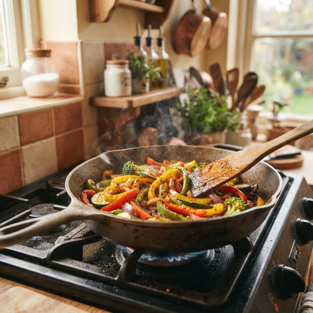 Vegetables searing in a hot cast iron skillet with a wisp of steam, cooked in Brazos Bend oil blend