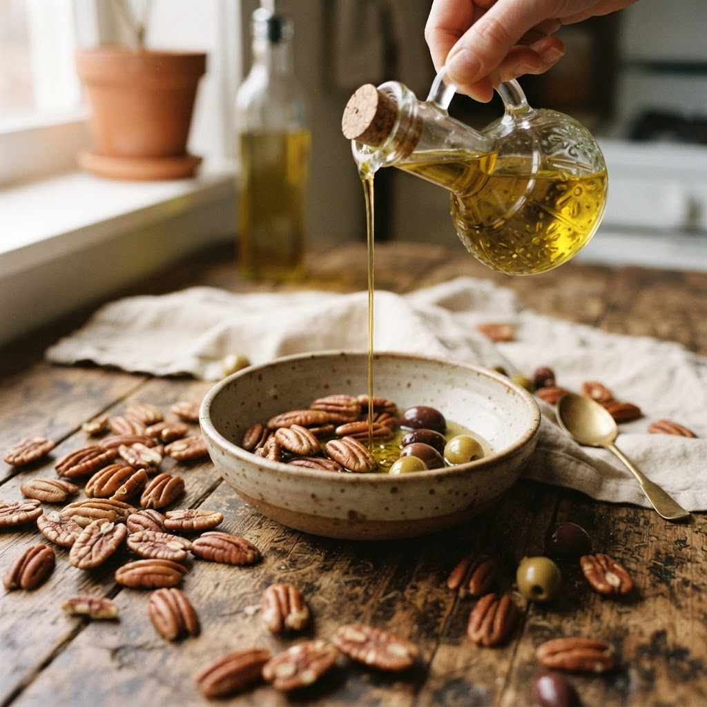 Golden pecan and olive oil being drizzled into a rustic bowl with fresh pecans on a wooden table