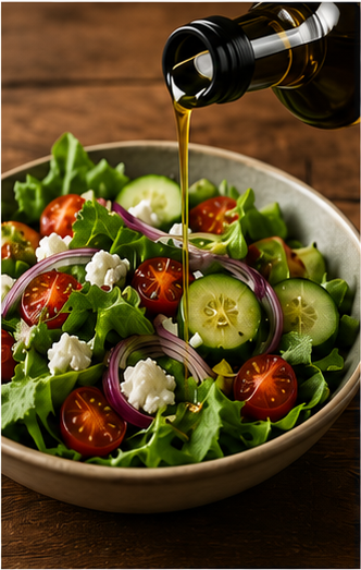 Oil being drizzled from a bottle over a fresh salad of greens, tomatoes, cucumber, and feta