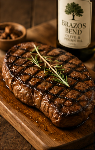 A grilled steak with crosshatch sear marks and rosemary beside a bottle of Brazos Bend olive & pecan oil