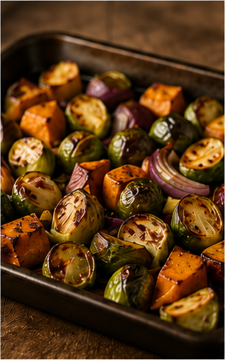 A pan of roasted brussels sprouts, sweet potatoes, and red onion glossed with oil